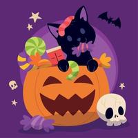 cartel de halloween de color calabaza con dulces y vector de gato feliz