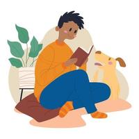 Man reading a book Happy dog cartoon Hygee lifestyle Vector