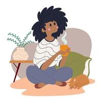 feliz mujer afroamericana con una taza de café lindo gato vector