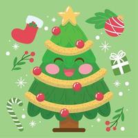 Happy christmas tree cartoon kawaii Christmas decoration Vector