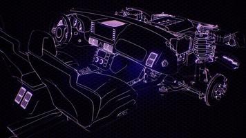 Holographic animation of 3D wireframe car model with engine video