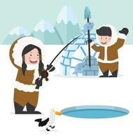 Eskimo fishing with igloo ice house winter vector