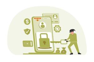 ilustración de un ladrón a punto de romper la seguridad del teléfono celular vector