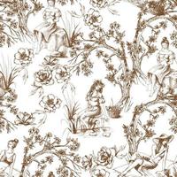 Seamless pattern in toile de jouy style in brown color. Different hand-drawn compositions with women. Texture for ceramic tile, wallpapers, wrapping gifts, web page backgrounds. Vector illustration