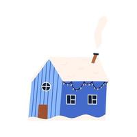 Cute winter house with lights garland and snow on the roof, flat vector illustration isolated on white background. Simple and minimalist building for Christmas design.