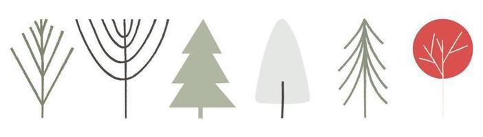 Set of bare winter trees with texture, hand drawn flat vector illustration isolated on white background. Collection of scandinavian and nordic nature elements, forest concept.