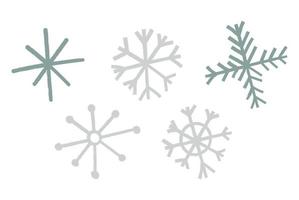 Set of textured snowflakes, hand drawn flat vector illustration isolated on white background. Winter nature element, snow flakes of different shapes.