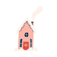 Hand drawn winter house with wreath on the door and show, flat vector illustration isolated on white background. Cute building facade.