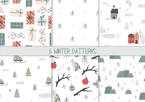 Set of cute winter and Christmas seamless patterns, hand drawn flat vector illustration. Gift boxes, trees, houses, villages and Christmas ornaments. Simple scandinavian patterns with texture.