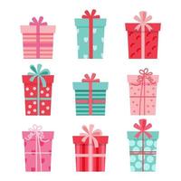 conjunto de cajas de regalo estampadas atadas con cintas, colores rosa y esmeralda. decoración festiva, pegatinas, elementos decorativos, estampado