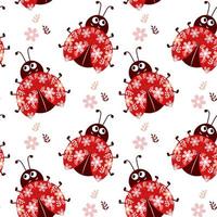 Seamless pattern, cute ladybugs with wing ornaments, leaves and flowers, rose brown colors. Children's textiles, print, cover, kids bedroom decor