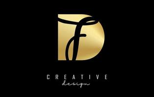 Golden letters DF logo with a minimalist design and negative space. Letters D and f with geometric and handwritten typography. vector
