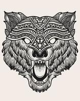 illustration wolf head engraving style with mask vector