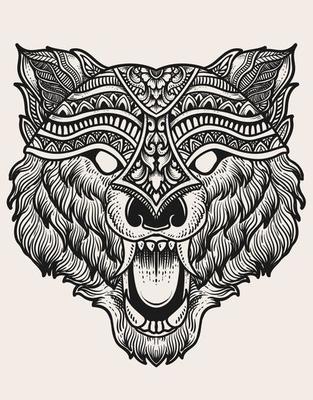 illustration wolf head engraving style with mask