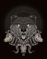 illustration wolf head engraving style with mask vector