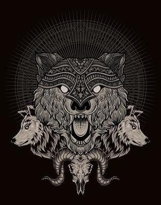 illustration wolf head engraving style with mask