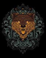 ilustración cabeza de lobo grabado estilo ornamento con máscara vector