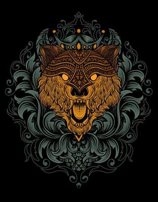 illustration wolf head engraving ornament style with mask