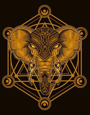 illustration elephant head engraving style with sacred geometry