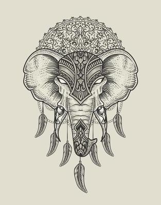 illustration elephant head engraving mandala style with mask