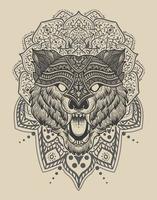 ilustración cabeza de lobo grabado estilo mandala con máscara vector