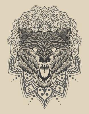 illustration wolf head engraving mandala style with mask