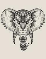 illustration elephant head engraving style with mask vector