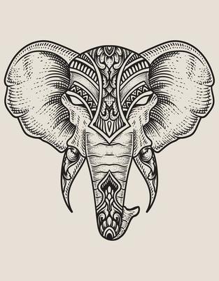 illustration elephant head engraving style with mask