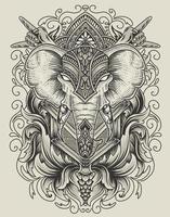 illustration elephant head engraving ornament style with mask vector