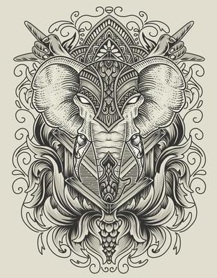 illustration elephant head engraving ornament style with mask