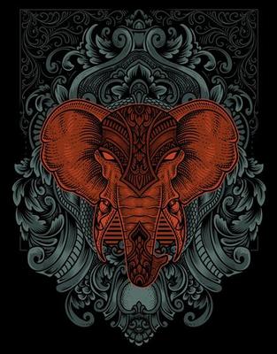 illustration elephant head engraving ornament style with mask