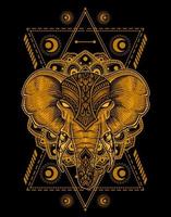 ilustración cabeza de elefante estilo de grabado con geometría sagrada vector
