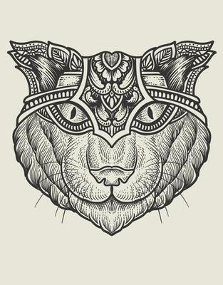 illustration cat head engraving style with mask