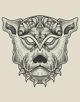 illustration dog head engraving style with mask vector