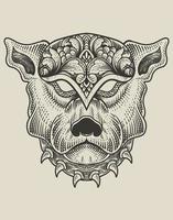 illustration dog head engraving style with mask vector