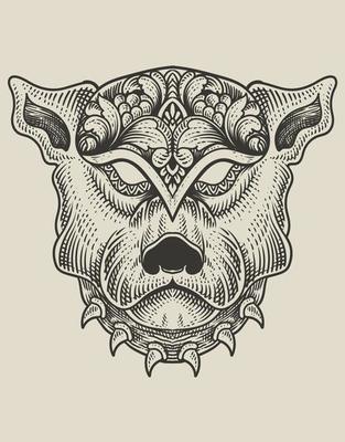 illustration dog head engraving style with mask