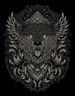 illustration wolf head engraving ornament style with mask