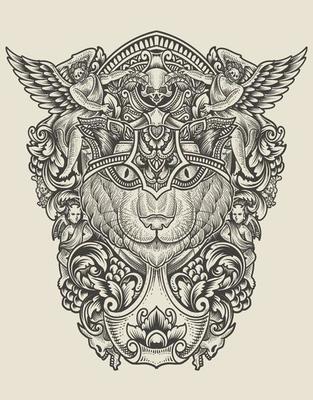 illustration cat head engraving ornament style with mask