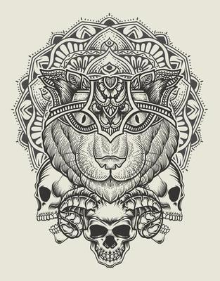 illustration cat head engraving mandala style with mask