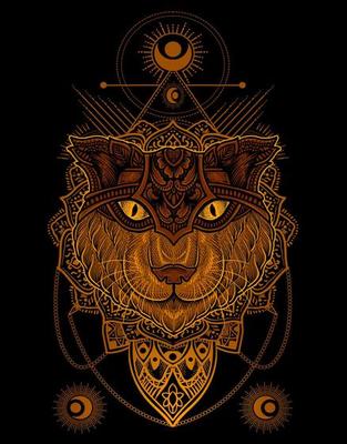 illustration cat head engraving mandala style with mask