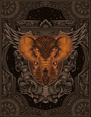 illustration elephant head engraving ornament style with mask