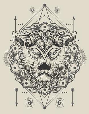 illustration dog head engraving mandala style