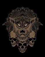 ilustración cabeza de perro grabado estilo mandala con calavera y pájaro cuervo vector