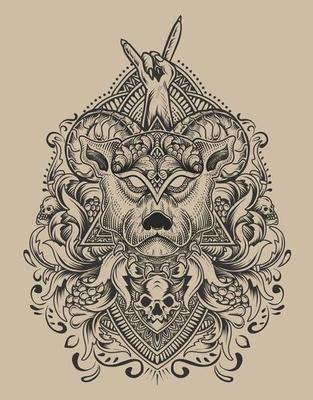 illustration dog head engraving ornament style