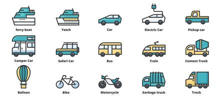 iconos de transporte ilustración vectorial, automóvil, motocicleta, tren, ferry