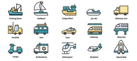 iconos de transporte ilustración vectorial, barco de pesca, montacargas, tren, nave espacial vector