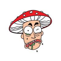 Illustration of a madman in a mushroom hat. Vector. Flat outline style. Cartoon, funny patient. Avatar of a man who admired mushrooms. vector