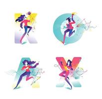 Illustration of girls in the background of letters. Vector flat gradient illustration. Image for the banner of the website and print. Geometry. Alphabet. Educational promo materials. Developers.