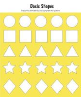 Draw basic shapes, trace the dotted lines and color the shape. Practice educational worksheet for kindergarten. Motor skills and IQ Test. Printable worksheet for online education. Vector Illustration.