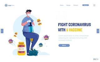 diseño plano de un hombre que vence al coronavirus con el concepto de vacuna vector